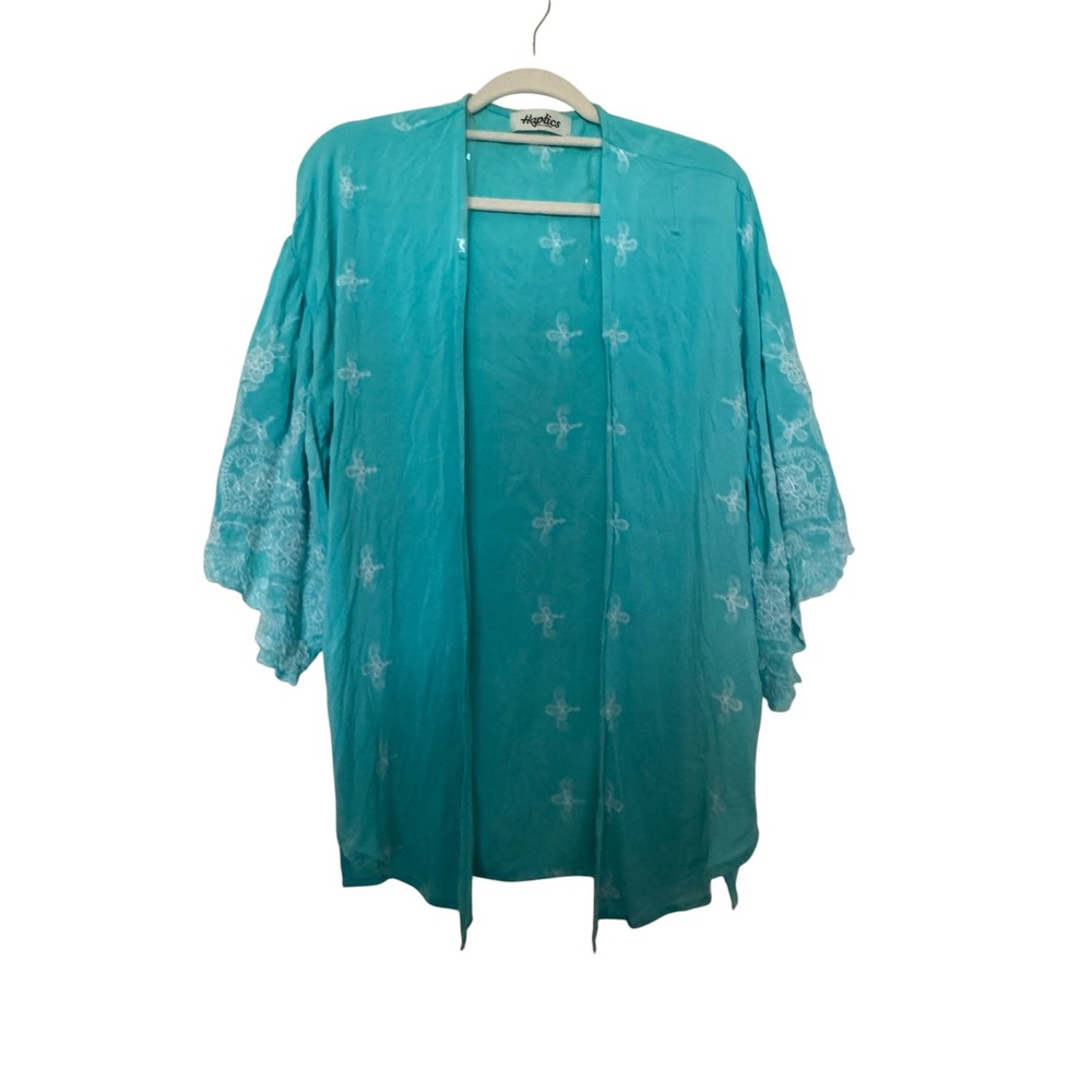 Haptics Holly Harper Turquoise Embroidered Kimono Cardigan Teal Sz M Open Front